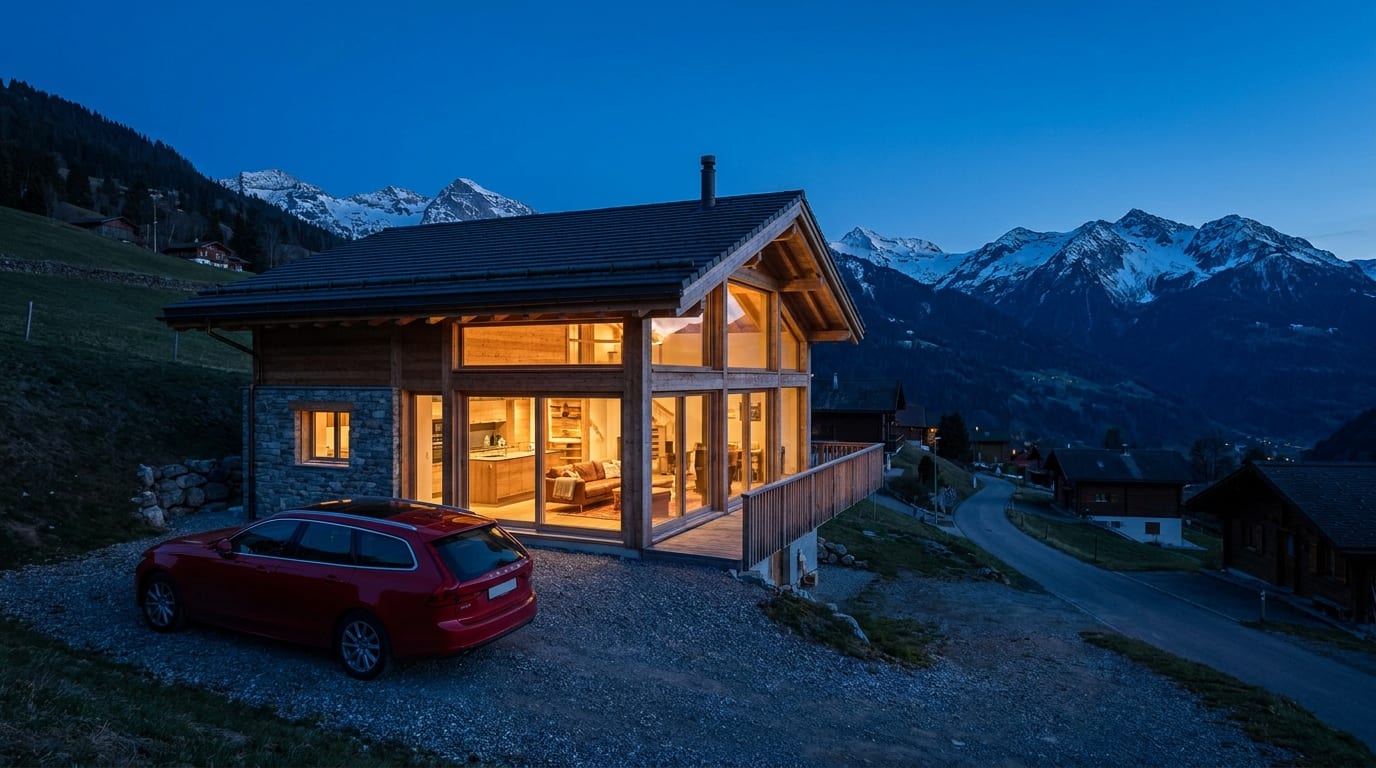 A red car parked outside a modern Swiss home at dusk with snow-capped Alps behind, evoking a household's everyday assets like a car and a home.