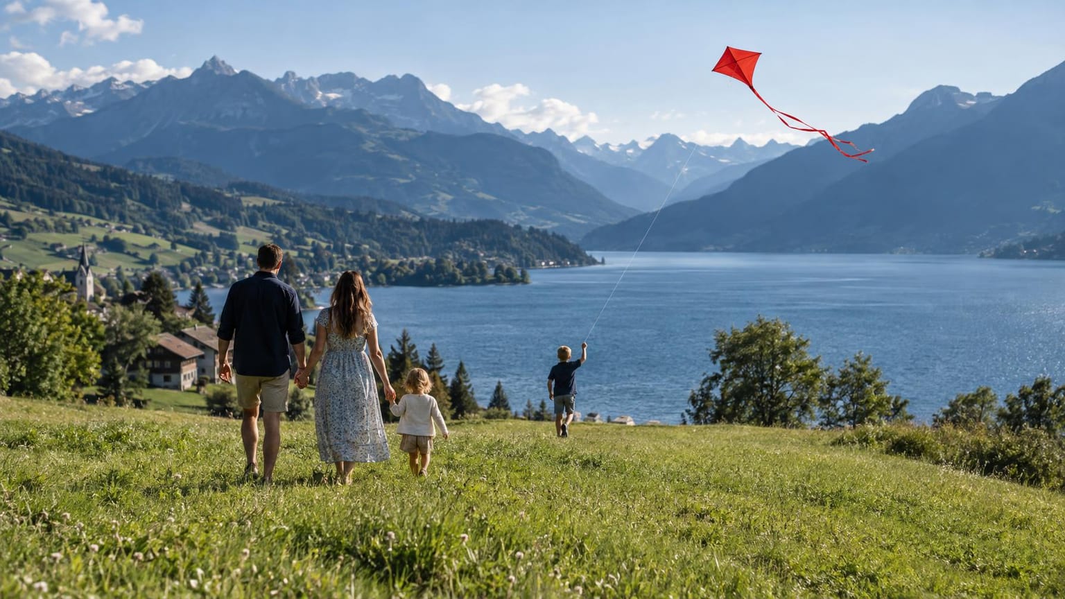 Eine vierköpfige Familie von hinten auf einer Wiese über einem Alpensee, ein Kind lässt einen roten Drachen steigen