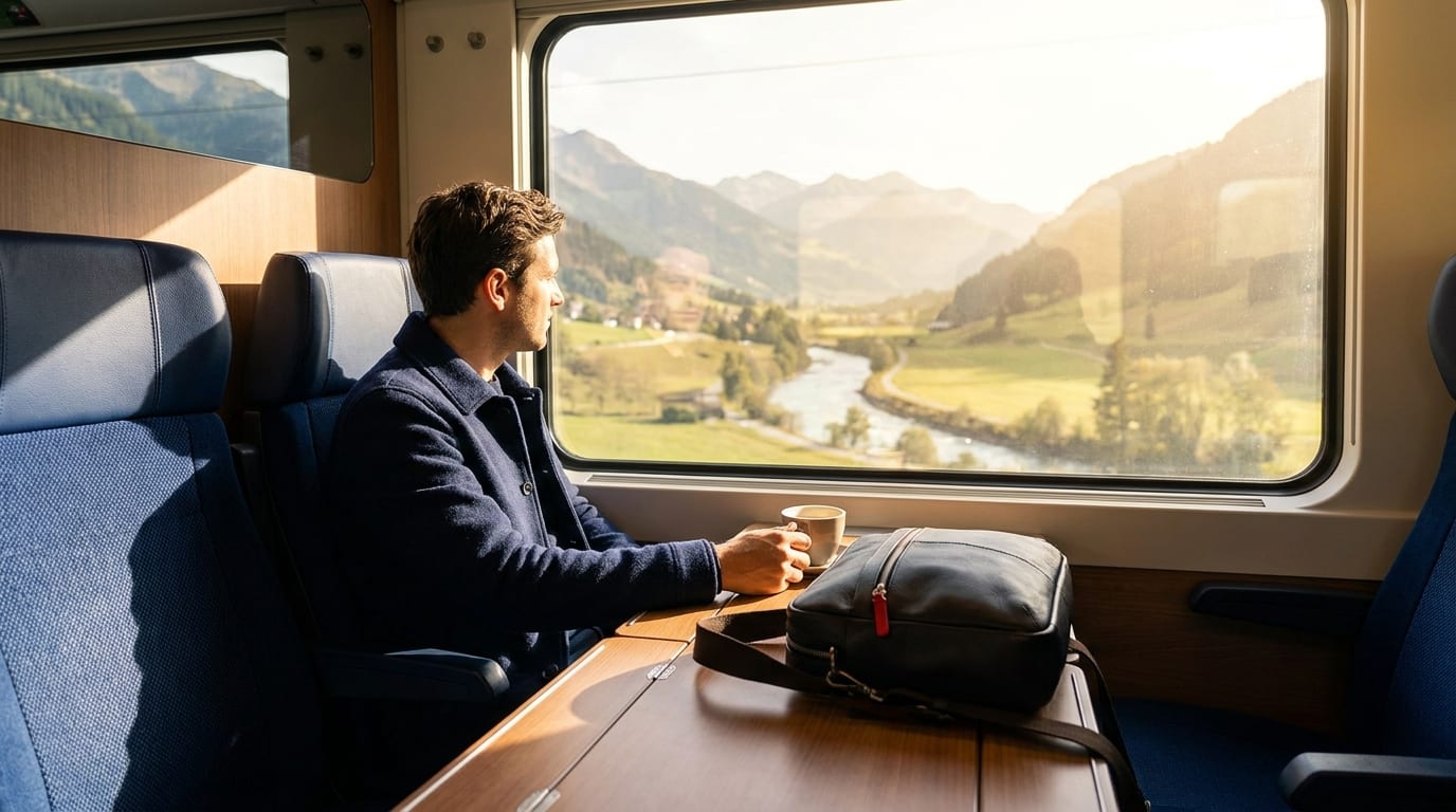 A commuter watching the Swiss landscape pass from the window of a train at golden hour, representing the daily journey to work.