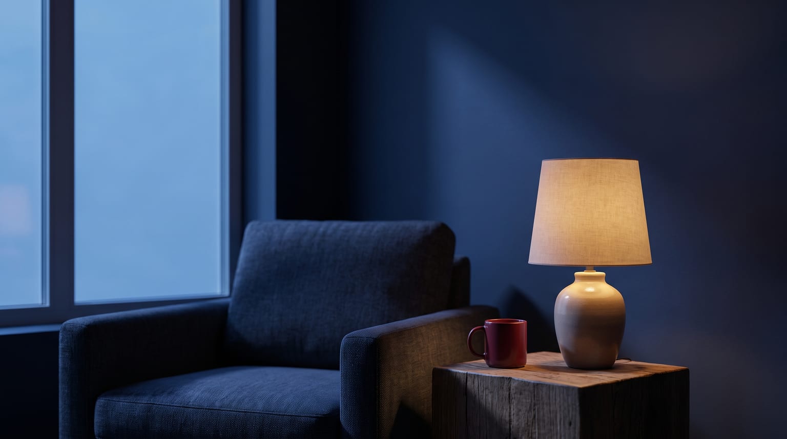 Wohnzimmer zur blauen Stunde, eine warme Tischlampe und eine rote Tasse am Fenster