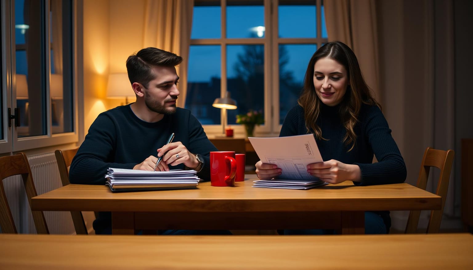 A married couple at a kitchen table with two separate tax forms in front of them, illustrating how each person will file individually in future.