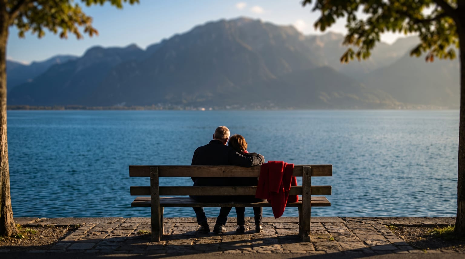 Zwei Personen von hinten auf einer Bank an einem Schweizer See im Abendlicht, eine rote Jacke über der Lehne