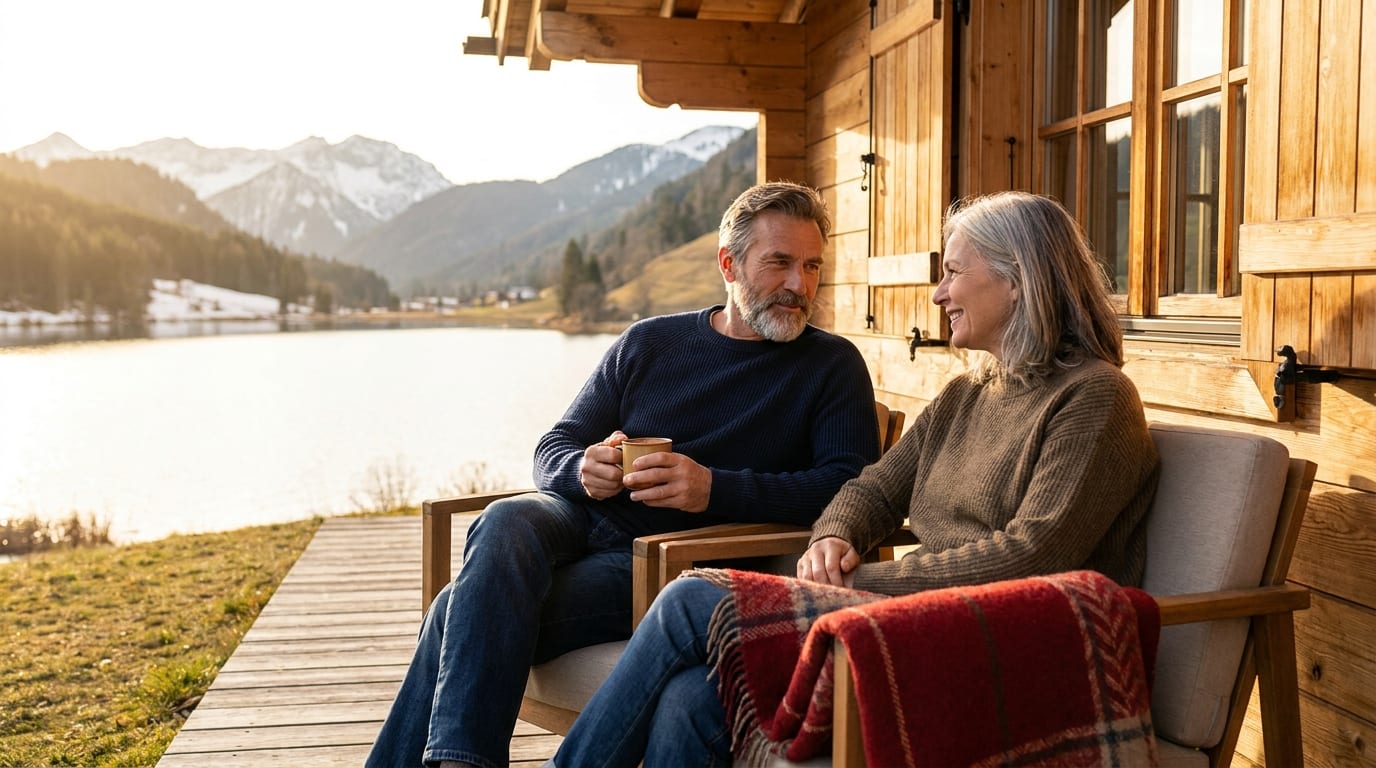 A Swiss couple enjoying retirement on a lakeside chalet terrace at golden hour, evoking the long-term reward of pillar 3a saving.