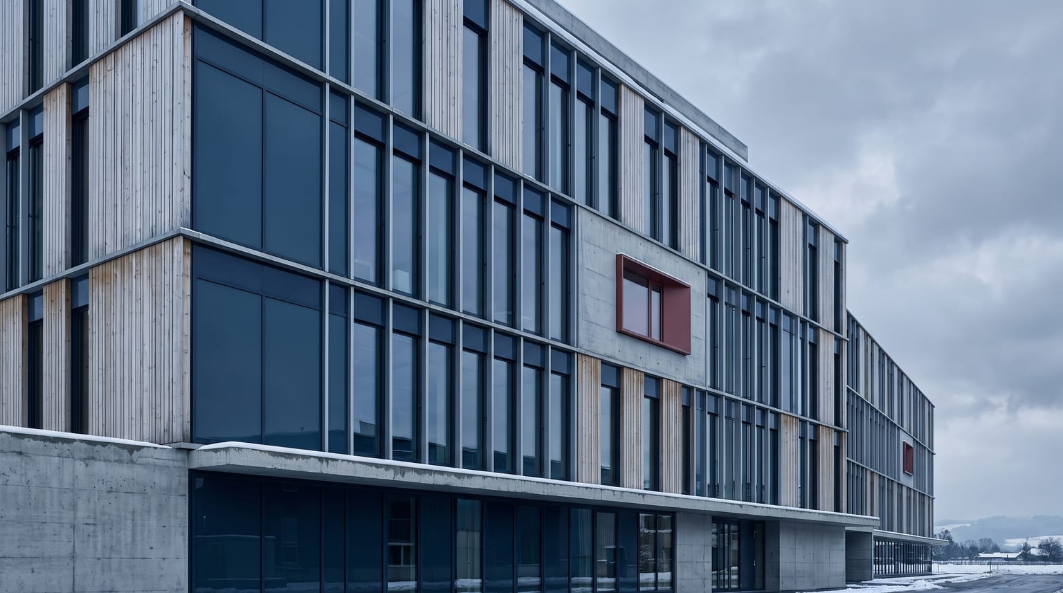 Detail einer modernen Schweizer Fassade aus Glas und Beton vor bedecktem Himmel, kühle blaugraue Linien, ein einzelnes rotes Element als Farbakzent