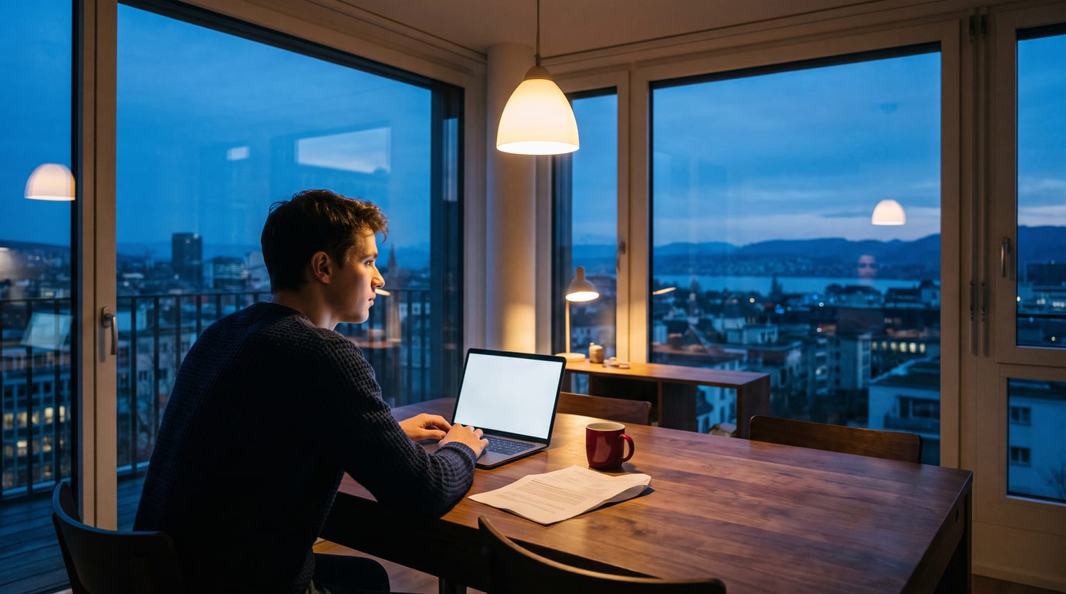 A young man at a dining table in a Zurich flat at blue hour, a red mug beside an open laptop and a paper salary statement, looking out of the window as he weighs up whether to file a tax return.