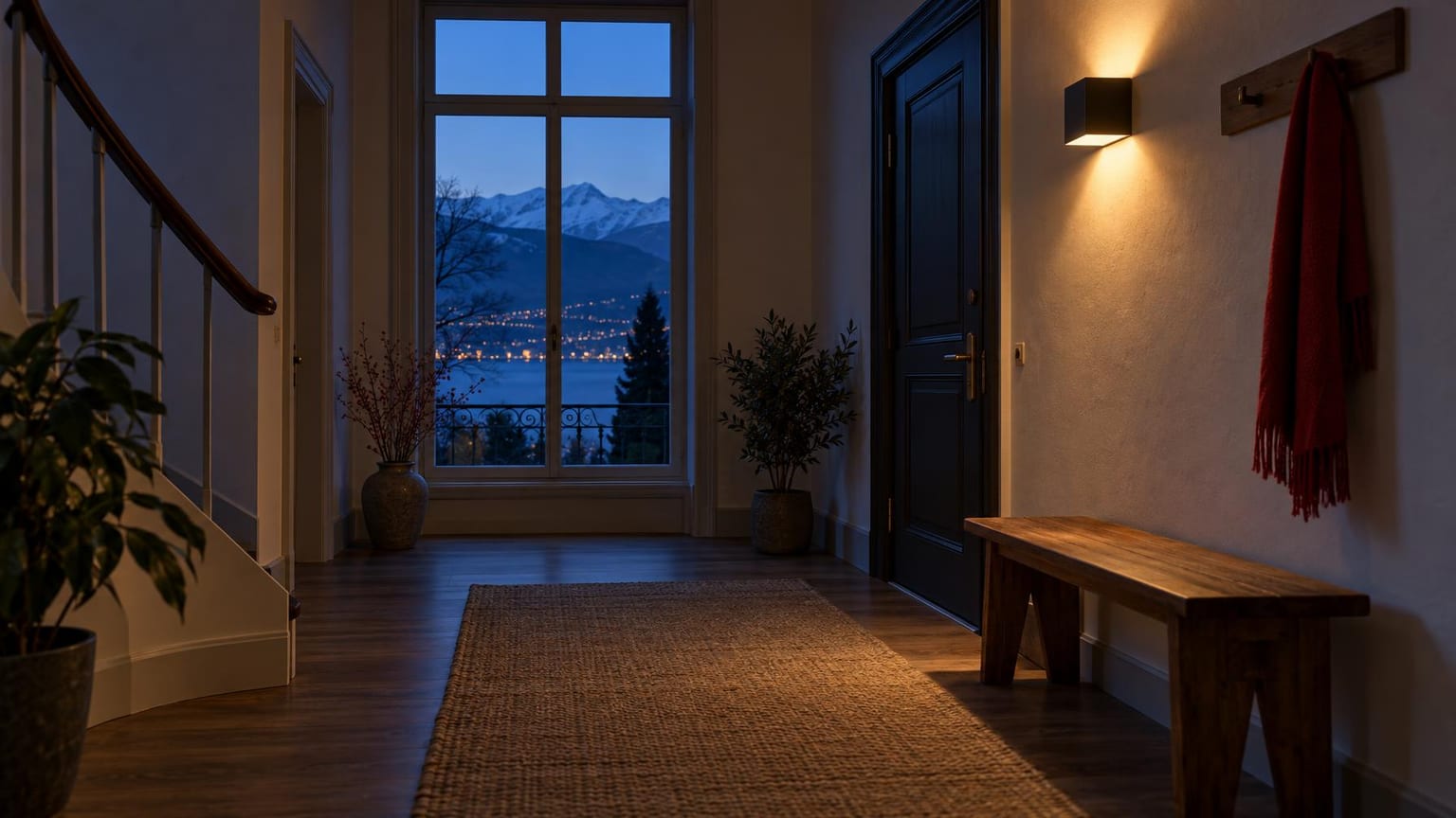 Eingangsflur einer Wohnung zur blauen Stunde, Blick auf See und Berge, ein roter Schal an der Garderobe