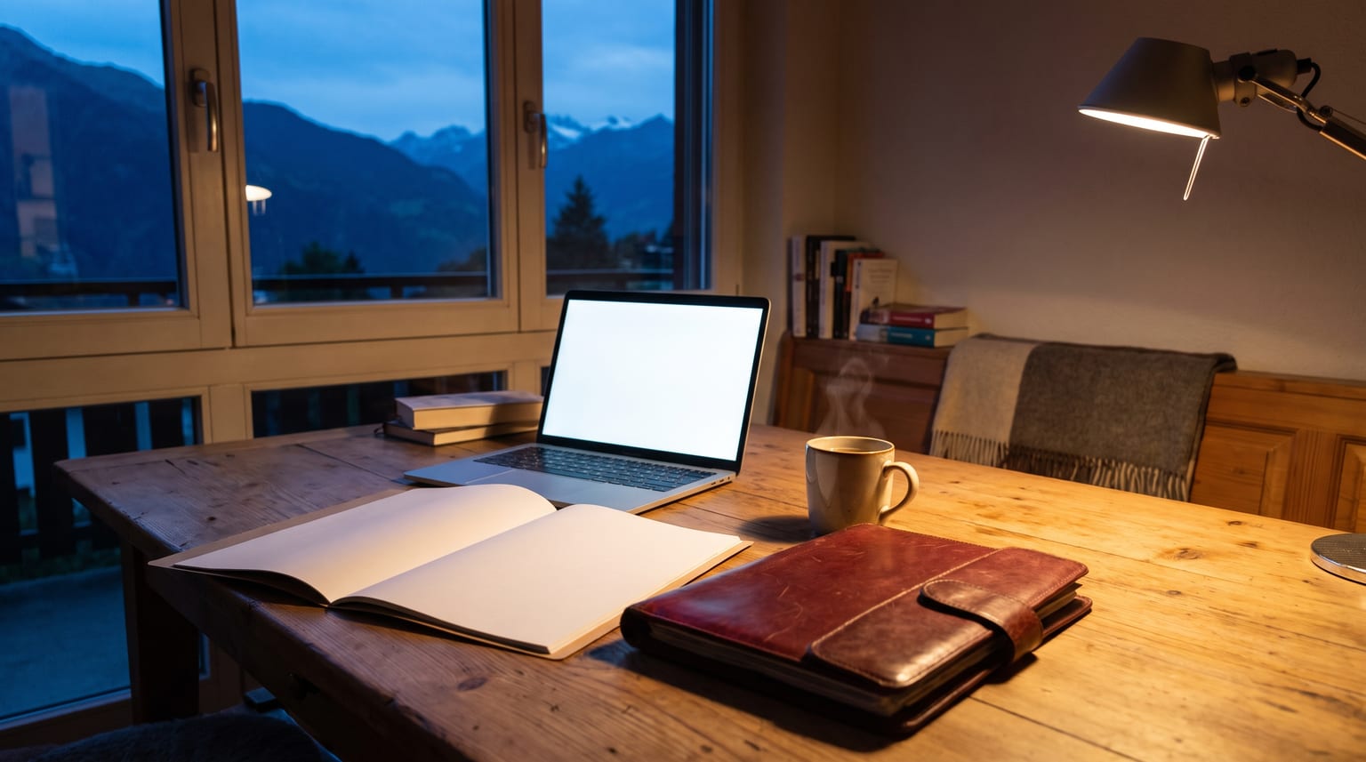 A wooden table by the window of a Swiss flat at blue hour, an open laptop, an open notebook with blank pages, a cup of tea and a red leather document wallet, with the mountains at dusk outside.