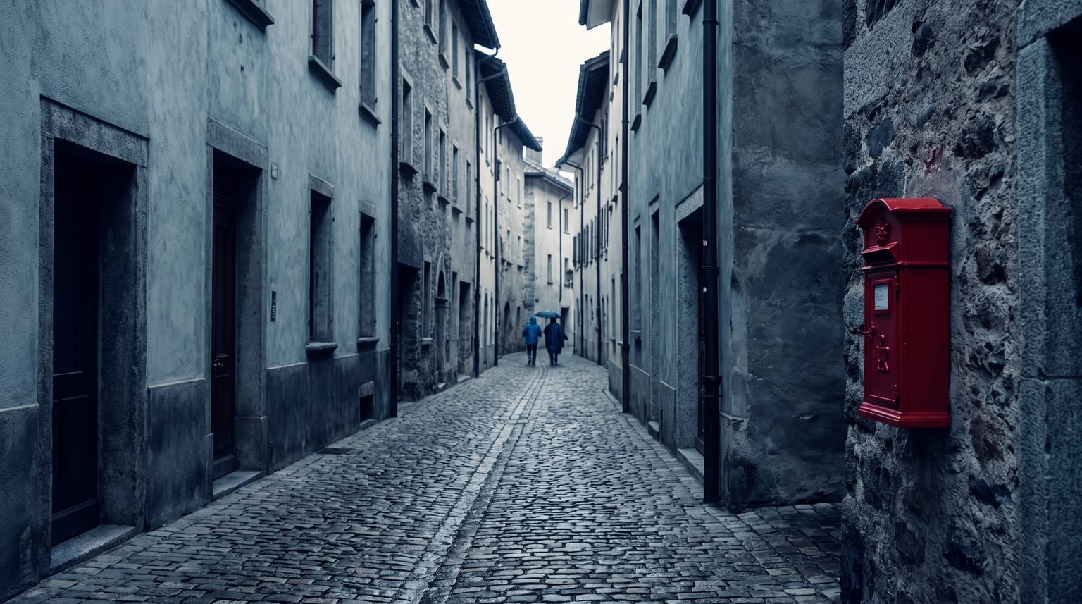 Schweizer Altstadtgasse an einem bedeckten Tag, kühle blaugraue Steinfassaden, ein roter Briefkasten als einziger Farbakzent