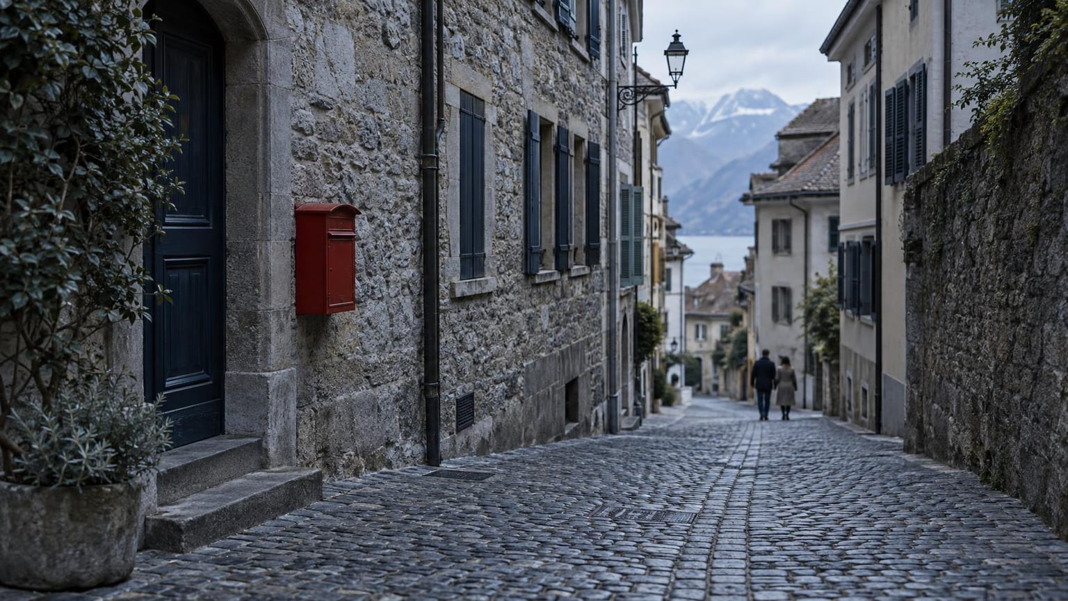 Gasse in einer Schweizer Altstadt an einem bedeckten Tag, kühle Steinfassaden und ein roter Briefkasten