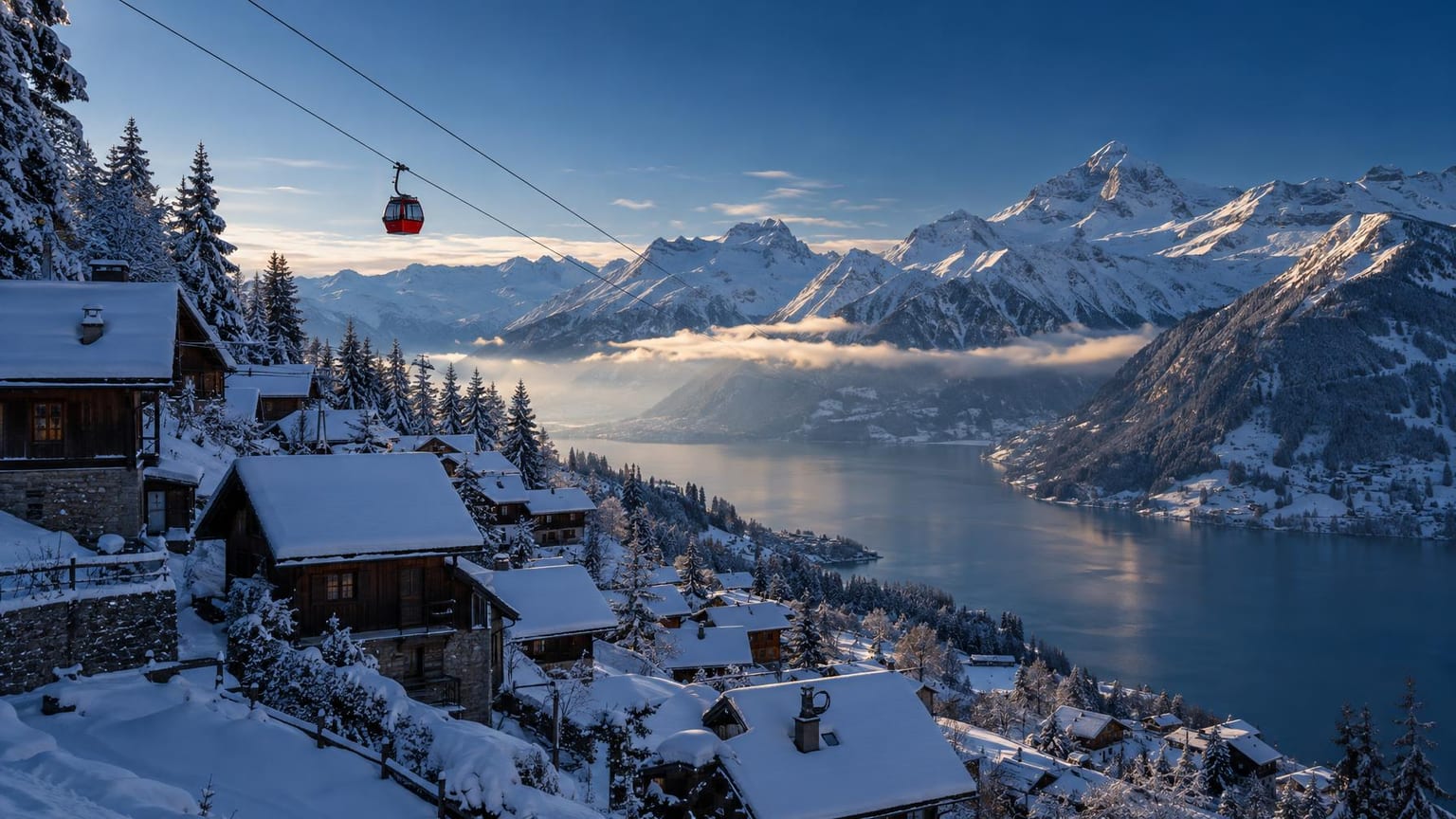 Verschneites Bergdorf im Dezemberlicht, blaue Schatten im Schnee und eine rote Gondelkabine