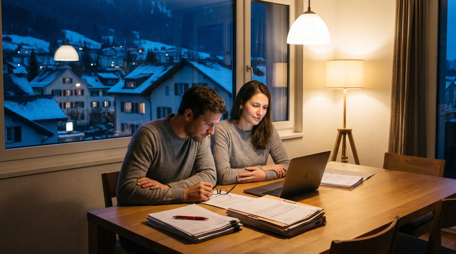 Ein Paar am Esstisch einer Schweizer Wohnung am Abend, Laptop und ordentlich gestapelte Steuerunterlagen vor sich, ein roter Stift auf den Papieren, im Fenster die Dämmerung über einer Schweizer Kleinstadt.